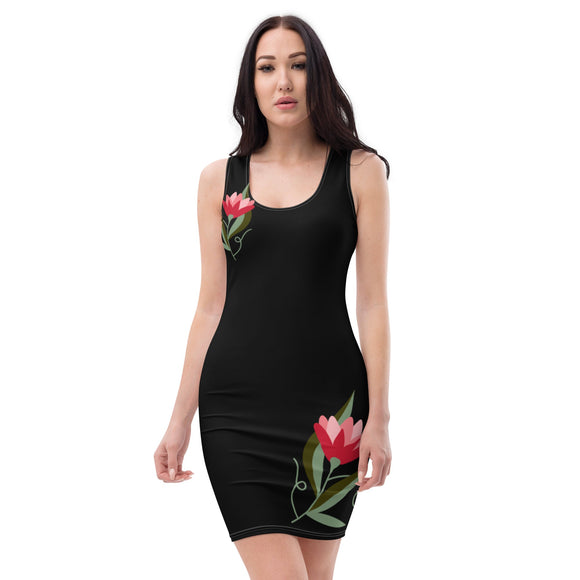 Floral Trim Black Midi Tank Dress-XS-