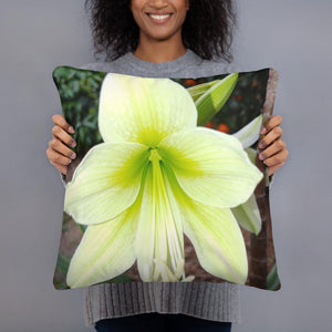 model holding 18x18 green goddess throw pillow